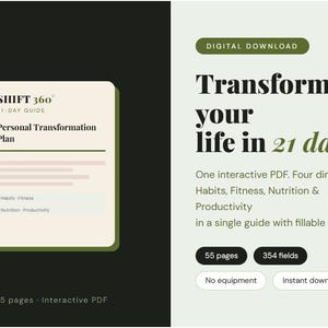 Puede incluir: Descarga digital de un plan de transformación personal. La guía, titulada "Shift 360", promete transformar tu vida en 21 días. Cubre hábitos, fitness, nutrición y productividad. La guía tiene 55 páginas y 354 campos.