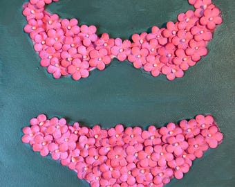 Roze bloemenbikini Mixed Media Canvas Art Kit – 8 x 10 klaar om op te hangen muurdecoratie