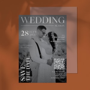 May include: A monochrome wedding magazine cover with the text "WEDDING SEASON" and "SAVE THE DATE". The cover shows a couple embracing, with the date "28 JULY 2027". A QR code is included for more information.