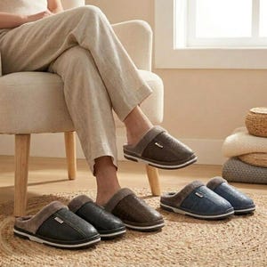 May include: A collection of slip-on slippers featuring a smooth exterior in shades of charcoal, dark brown, and navy blue. Each slipper has a plush, light-colored interior lining, a reinforced stitched seam across the top, and a white rubber sole.