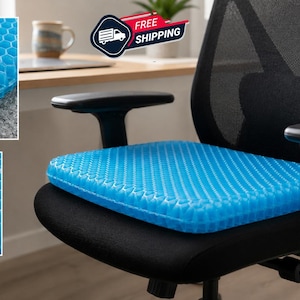 May include: A bright blue seat cushion featuring a flexible, grid-like honeycomb structure. The cushion is placed on a black office chair. Two smaller inset images show the blue gel material being pressed, demonstrating its pliable texture.