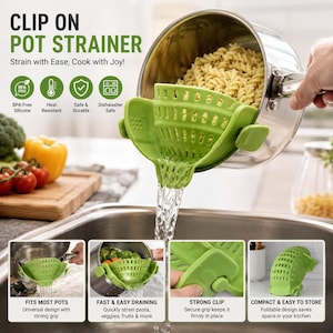 May include: A lime green silicone clip-on pot strainer attached to a stainless steel pot filled with cooked pasta. The strainer features a perforated design for draining liquid. Text on the image includes CLIP ON POT STRAINER and various icons.