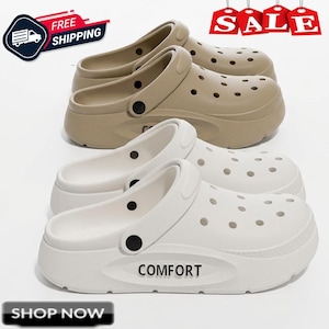 May include: Two pairs of slip-on clogs, one in beige and one in white, featuring a thick platform sole, multiple ventilation holes on the upper, a pivoting heel strap with black rivets, and the word COMFORT embossed on the side of the sole.