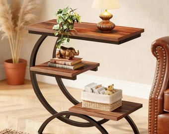 C Shaped End Table Industrial 3 Tier Sofa Side Table Wood Metal Storage