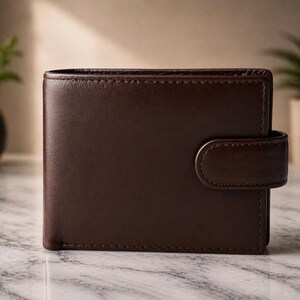 May include: A dark brown leather wallet with a snap closure. The wallet is rectangular and has a smooth, polished finish. The snap closure is on the right side. The wallet is on a marble surface.