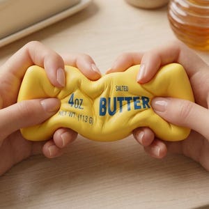 May include: A yellow, butter-shaped stress ball is held by two hands. The words "SALTED BUTTER" are printed in blue, along with "4 oz" and "NET WT. (113 G)". The background includes a butter dish, small bowls, and a glass jar.
