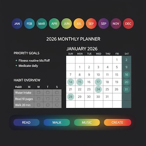 Könnte beinhalten: Ein digitaler Monatsplaner 2026 mit dunklem Hintergrund. Der Planer enthält einen Kalender für Januar 2026, Gewohnheits-Tracker und vorrangige Ziele. Farbige Kreise oben zeigen die Monate an. Unten befinden sich Schaltflächen mit der Aufschrift "Lesen", "Gehen", "Musik" und "Erstellen".