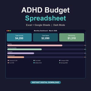 May include: Digital ADHD budget spreadsheet with a dark mode design. The dashboard shows total income, total spent, and remaining funds. Includes expense categories like housing, food, transport, and entertainment. The spreadsheet is for Excel and Google Sheets.