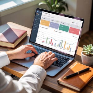 May include: A person using a laptop displaying a data analysis dashboard with charts and graphs. The screen shows colorful data visualizations. A succulent plant, a leather-bound notebook, and a pen are on the wooden desk.