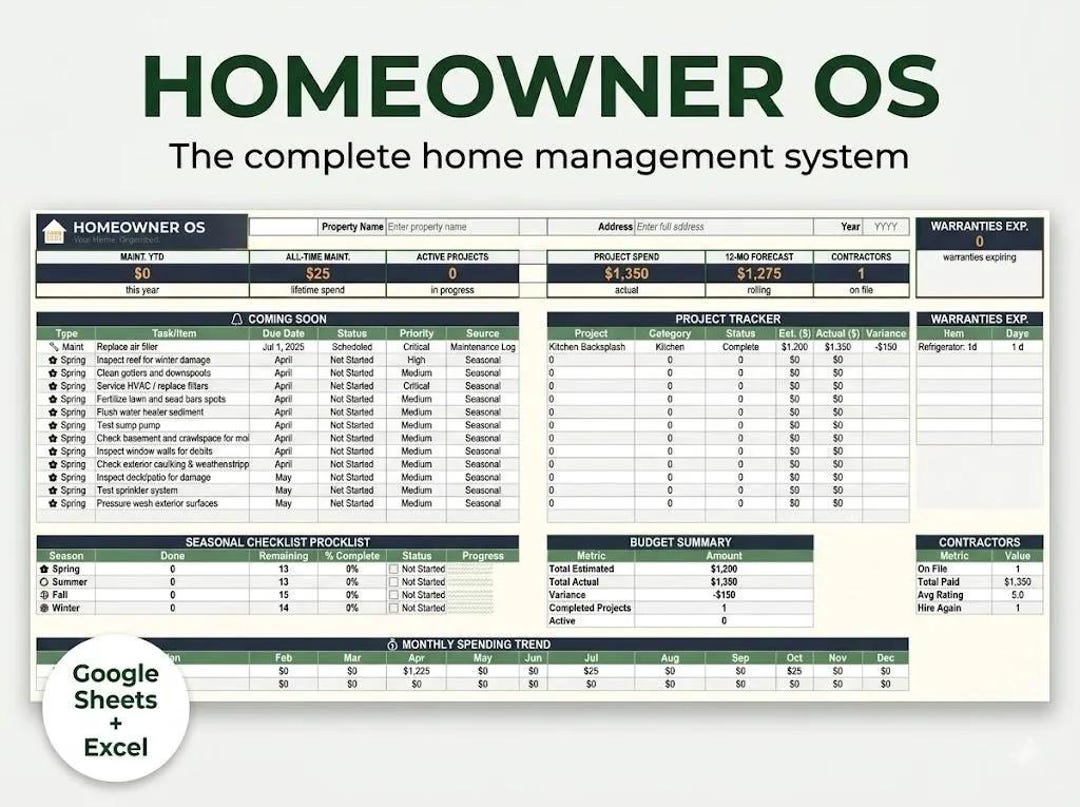 Homeowner OS | Home Management Spreadsheet | Maintenance Tracker ...