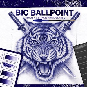 May include: A digital art illustration featuring a detailed blue tiger face with an open mouth and visible teeth. Two swords are positioned behind the tiger's head. The text "BIC BALLPOINT BRUSH SET FOR PROCREATE" is at the top. A tablet and a brush set are also visible.