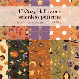 Op de afbeelding: Een digitale collectie van 47 naadloze Cozy Halloween-patronen met handgetekende illustraties van pompoenen, zwarte katten, heksenhoeden, ketels, herfstbladeren, paddenstoelen, boeken en sterren in oranje, paarse, groene en crèmekleurige paletten.