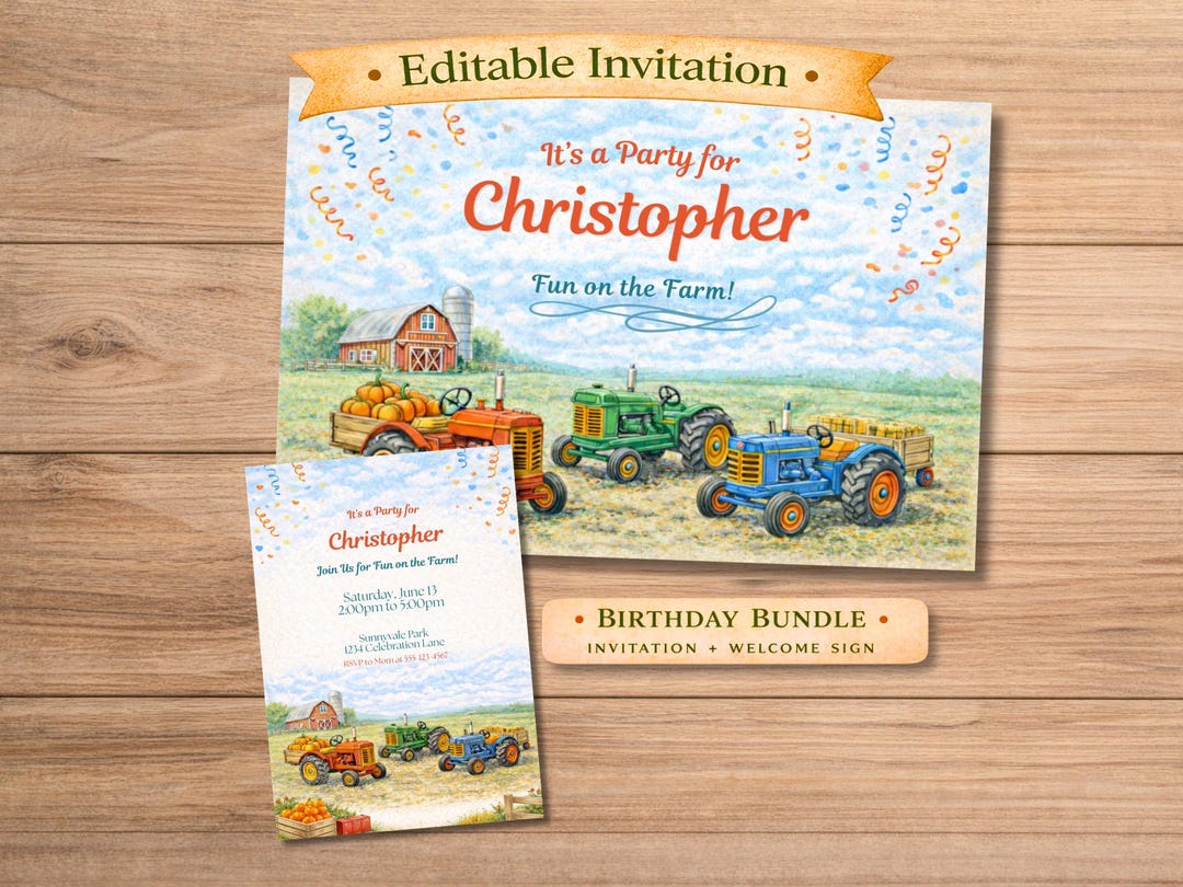 Tractor Birthday Invitation Template Bundle, Editable Farm Party Invite ...