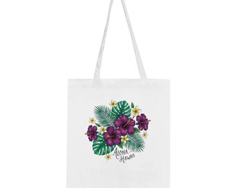 Hawaiian Floral Tote Bag, Tropical Flower Reusable Cotton Shopper, Eco Friendly Beach Bag, Botanical Market Tote, Handmade Island Style