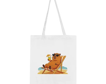 Capybara Beach Tote Bag, Cute Capybara Lover Gift, Eco-Friendly Cotton Market Bag, Aesthetic Animal Tote, Summer Beach Accessory