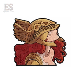 May include: An embroidered patch featuring a profile view of a figure with long red hair wearing a gold winged helmet. The figure has a pale complexion and is depicted with a tear on the cheek, wearing gold armour on the shoulder and chest area.