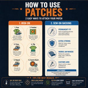 Peut inclure: Une infographie p&eacute;dagogique intitul&eacute;e HOW TO USE PATCHES divis&eacute;e en deux sections. La partie gauche d&eacute;taille un processus de thermocollage en six &eacute;tapes avec des ic&ocirc;nes. La partie droite explique les avantages d'une fixation par couture.