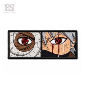 May include: A rectangular embroidered patch featuring two split-screen anime-style eye designs. The left side shows a brown-masked eye with a red iris, while the right side depicts a light-skinned face with silver hair, a red iris, and a red streak.
