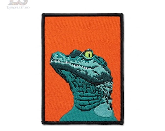 Alligator Embroidered Patch, Crocodile Head Patch, Orange Teal Reptile