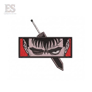 May include: Embroidered patch featuring a detailed illustration of a character's face with a winking eye and a stern expression. The design includes a large sword and is set against a red background within a black rectangular frame. The logo "ES EMBROFILE STUDIO" is in the top left corner.