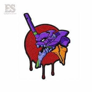 May include: An embroidered patch featuring a stylized purple, light blue, and orange mechanical head design layered over a solid red circle. The red circle has a dripping effect at the bottom edge, and the entire design is outlined in black thread.