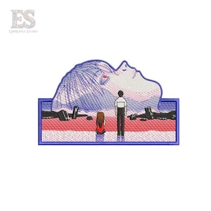 May include: Embroidered patch featuring a scene with a large, stylized face in blue and white, with two figures in the foreground. The background has red and white stripes. The patch is framed in a blue border. The logo "ES Embrofile Studio" is in the upper left corner.
