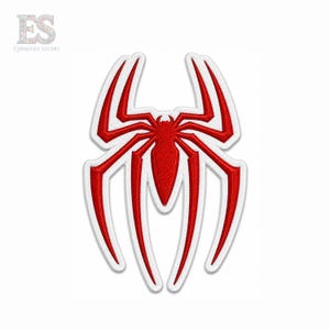 Peut inclure: Un écusson brodé en forme d'araignée rouge présentant un motif arachnide stylisé avec des pattes pointues allongées et un corps central, souligné par une épaisse bordure blanche sur fond blanc, révélant une texture de fil détaillée.