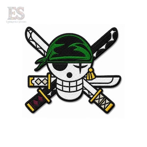 May include: An embroidered patch featuring a white skull with a green bandana and a black eye patch, positioned over two crossed swords. The swords have black and white handles with gold accents, and the skull has a black grid-like mouth.