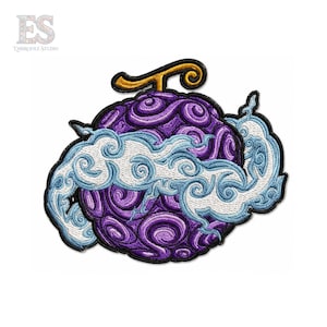 May include: An embroidered patch featuring a round, purple fruit with a swirling, textured surface pattern. A golden stem sits on top, while stylized, light blue and white cloud-like shapes wrap horizontally around the center of the fruit.