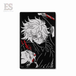 May include: A rectangular embroidered patch featuring a black background with a white-haired character in a dark outfit. The design includes red accents, a sharp weapon, and a stylized figure, all rendered in detailed thread work with a black border.