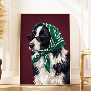 May include: A framed art print featuring a Border Collie wearing sunglasses and a green and white headscarf. The dog is depicted against a deep red background. The artwork is framed in a gold-colored frame.