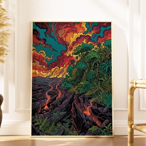 May include: A framed art print depicting a vibrant volcanic landscape. The artwork features a fiery sky with red, orange, and yellow hues, contrasted by a dark, rocky terrain and lush green foliage. The print is displayed on a white wall.