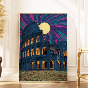 May include: A rectangular wall art print depicting the Roman Colosseum at night. The structure is rendered in shades of blue and gold, set against a vibrant, swirling sky of purple, teal, and magenta with a large, pale yellow full moon above.