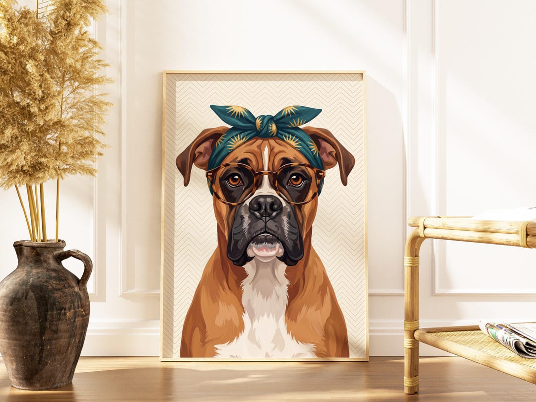 Tortoise Shell Boxer Boxer Dog Portrait | Teal Sunburst Headscarf, Tortoiseshell Glasses ...