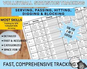 Serving, Passing, Hitting, Digging & Blocking Volleyball Stats Tracking Sheet - One-Page Player Stats (No Setting, No Logistics)