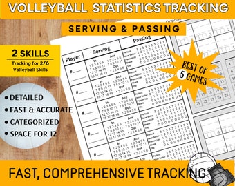 Best of 5 - Serving & Passing Volleyball Stats Tracking Sheet - Lineup - Score - Substitutions -Comprehensive Player Stats and Match Details