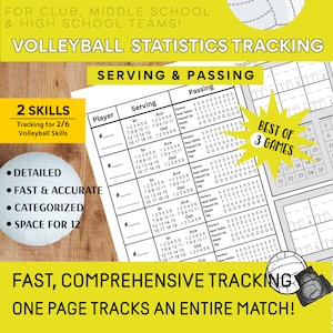 Best of 3 - Serving & Passing Volleyball Stats Tracking Sheet - Lineup - Score - Substitutions - One-Page Player Stats and Match Details