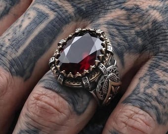 Handgemaakte robijnrode herenring, 925 sterlingzilveren ring rode edelsteen, herensieraden, vintage robijnrode zegelring, uniek jubileumcadeau