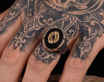 Anillo de ónix negro para hombre, anillo estilo otomano, anillo de sello de plata 925, joyería turca vintage, anillo gótico llamativo, regalo para él.