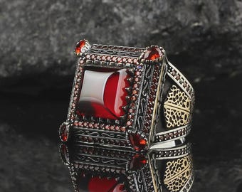 Red Stone Mens Ring Ottoman Style Silver Ring Turkish Jewelry Square Ring Statement Ring Gift for Him