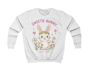 スウィーティーバニーのフローラルイラスト入りキッズスウェットシャツ | イースター春のうさぎデザイン