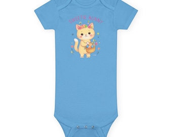 Body de bebé con gatito de Pascua y cesta, adorable body infantil con diseño de gato.