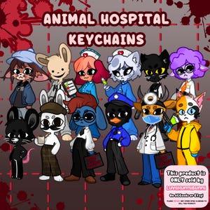 Puede incluir: Una colección de llaveros de animales de dibujos animados con varios personajes en atuendos profesionales, incluyendo personal médico, policía e investigadores. El texto ANIMAL HOSPITAL KEYCHAINS aparece arriba, con un aviso abajo.