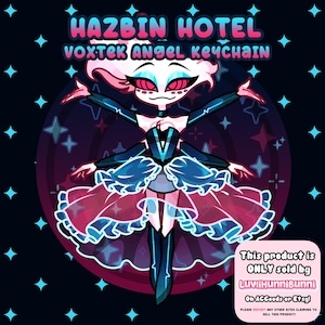 May include: A Hazbin Hotel Voxtek Angel keychain featuring a character with white hair, four arms, and red eyes, wearing a dark blue and pink outfit with ruffles. The text reads Hazbin Hotel Voxtek Angel Keychain and includes a seller disclaimer.
