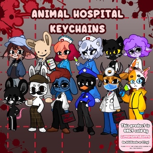 Peut inclure: Une collection de porte-clés illustrés représentant des personnages animaux dans diverses professions, dont le personnel médical, la police et des enquêteurs. L'image inclut le texte ANIMAL HOSPITAL KEYCHAINS et une note sur le vendeur LuviiHunniBunni.
