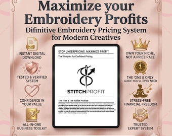May include: A promotional graphic with the text "Maximize your Embroidery Profits" and "Definitive Embroidery Pricing System for Modern Creatives." The image includes icons and a tablet displaying "StitchProfit" and the text "The Truth & The Hidden Problem."