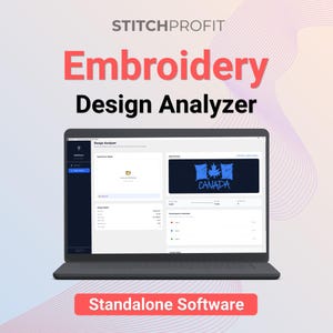 Puede incluir: Un ordenador portátil que muestra la interfaz del software "Embroidery Design Analyzer". La pantalla muestra un diseño con la palabra "CANADA" y una hoja de arce. El nombre del software y las palabras "Standalone Software" también son visibles.