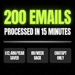 May include: A black graphic with neon green text reading 200 EMAILS PROCESSED IN 15 MINUTES. Below is a white horizontal line and three black rounded rectangles containing the text $12,480/YEAR SAVED, 8H/WEEK BACK, and CHATGPT ONLY. WorklessShop AI Mini-Kit.