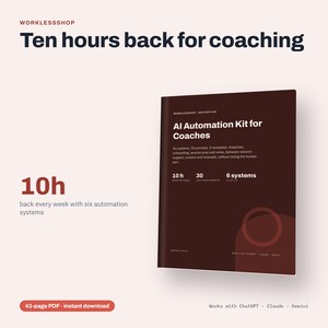 May include: A dark brown digital guide titled AI Automation Kit for Coaches, featuring 6 systems, 30 prompts, and 5 templates. The cover text includes Worklessshop 2024 Edition, 10h saved per week, and 30 copy-paste prompts. It is a 43-page PDF document.
