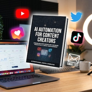 May include: A digital book titled AI Automation for Content Creators with a black cover, displayed alongside a laptop showing analytics, a camera on a tripod, and floating social media icons including YouTube, Twitter, TikTok, and an email list icon.